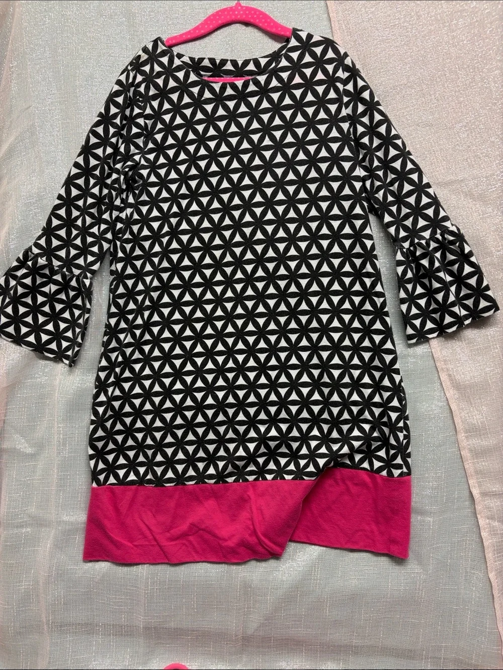 Justice Black & White Geometric Dress with Hot Pink Hem